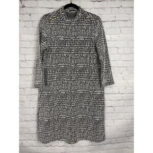 J.Mclaughlin Mare Mock Neck Dress M White & Black Jacquard Gold Buttons Heavy